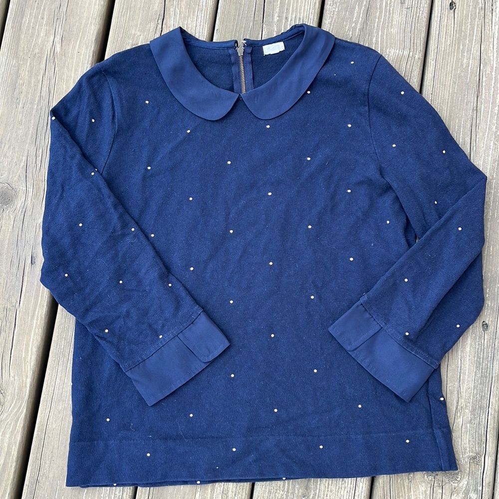 J Crew Peter Pan collar navy & polka dot top